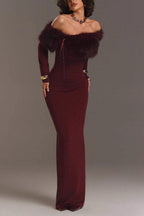 Red Fur Collar Off Shoulder Bodycon Dress
