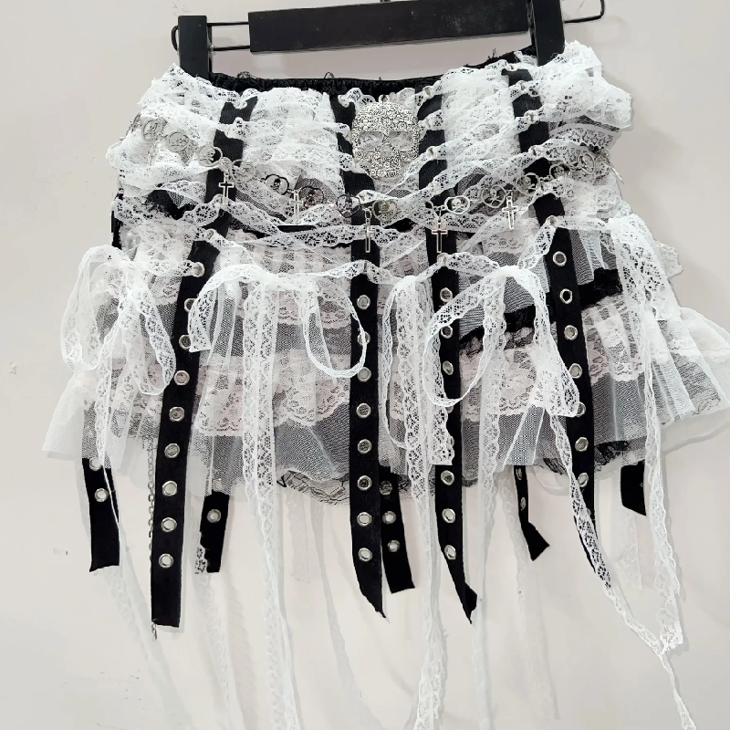 Lace tassels skull applique mini skirt  | Festival Outfits Women