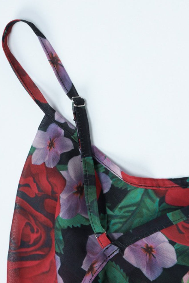Red Spaghetti Strap Cowl Neck Floral Print Bodycon Maxi Dress