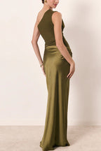 Kaia Satin Contrast Fabric Patchwork One Shoulder Ruched Maxi Dress