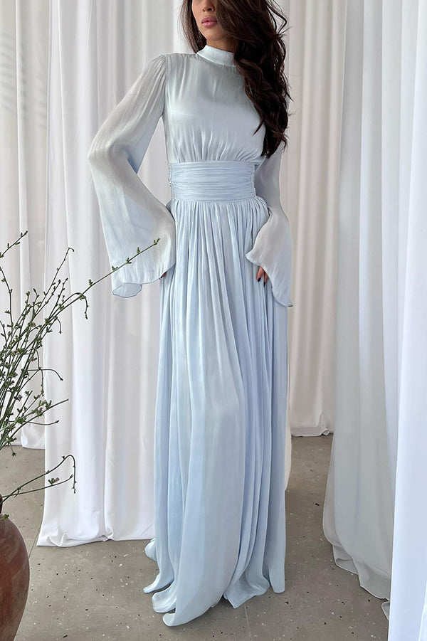 Mock Neck Long Sleeve Pleated Waistband Flowy Maxi Dress