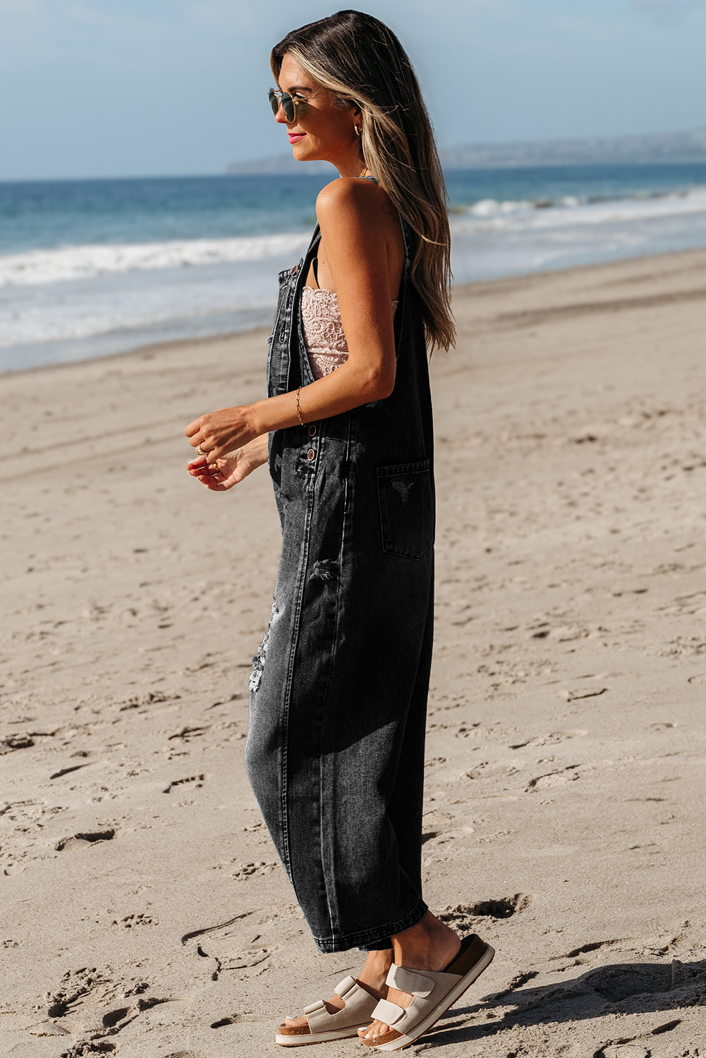Blue Zone Planet | Stone Blue Distressed Bib Pocket Wide Leg Denim Overall