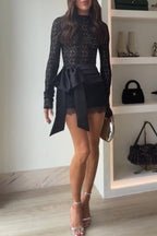 Anna Satin Bow Appliqué Mid Rise Lace Hem Mini Skirt