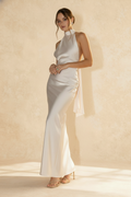 Satin Halter Neck Backless Draped Sash Button Detail Maxi Gown