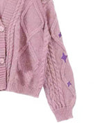 Star Embroidered Print Cable Knit V Neck Cardigan