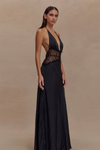 Halter Deep V-Neck Lace Panel Satin Maxi Gown