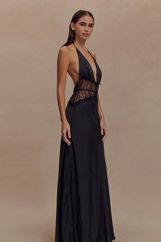 Halter Deep V-Neck Lace Panel Satin Maxi Gown