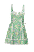 Unique Printed Serrated Trim Suspender Side Tie Vacation Mini Dress
