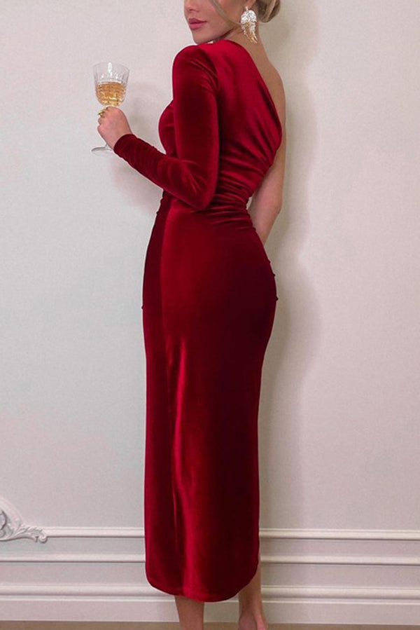 One Shoulder Single Sleeve Velvet Ruched High Slit Midi Dress
