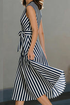 Striped Printed V-neck Sleeveless Belted Casual Midi Dress