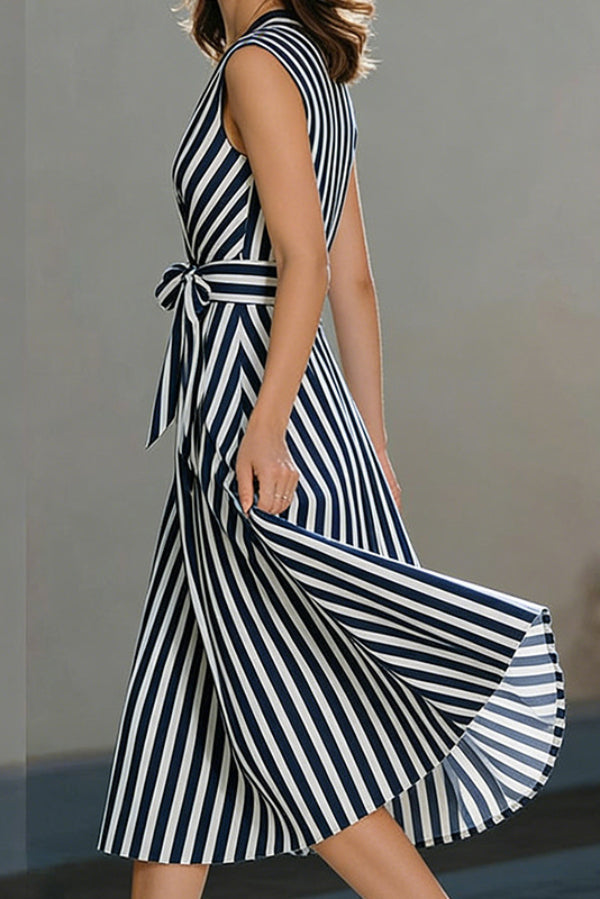Striped Printed V-neck Sleeveless Belted Casual Midi Dress