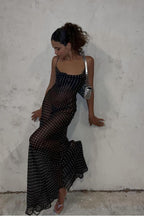Sheer Mesh Polka Dot Cowl Neck Spaghetti Strap Bodycon Midi Dress
