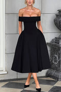 Off Shoulder Foldover Cuff Pleated Pocket Fit and Flare Midi Dress