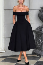 Off Shoulder Foldover Cuff Pleated Pocket Fit and Flare Midi Dress