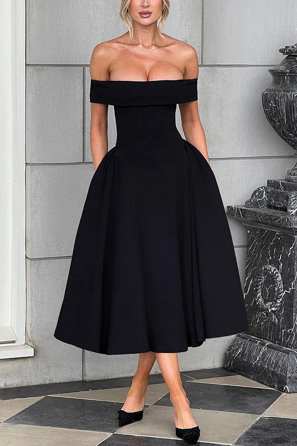 Off Shoulder Foldover Cuff Pleated Pocket Fit and Flare Midi Dress