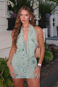 Sequin Floral Beaded Halter Neck Deep V-Neck Bodycon Mini Dress