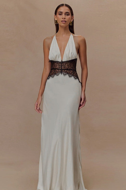 Halter Deep V-Neck Lace Panel Satin Maxi Gown
