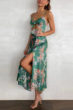 Floral Print Tie Front Sweetheart Cutout Midriff Slit Satin Maxi Dress
