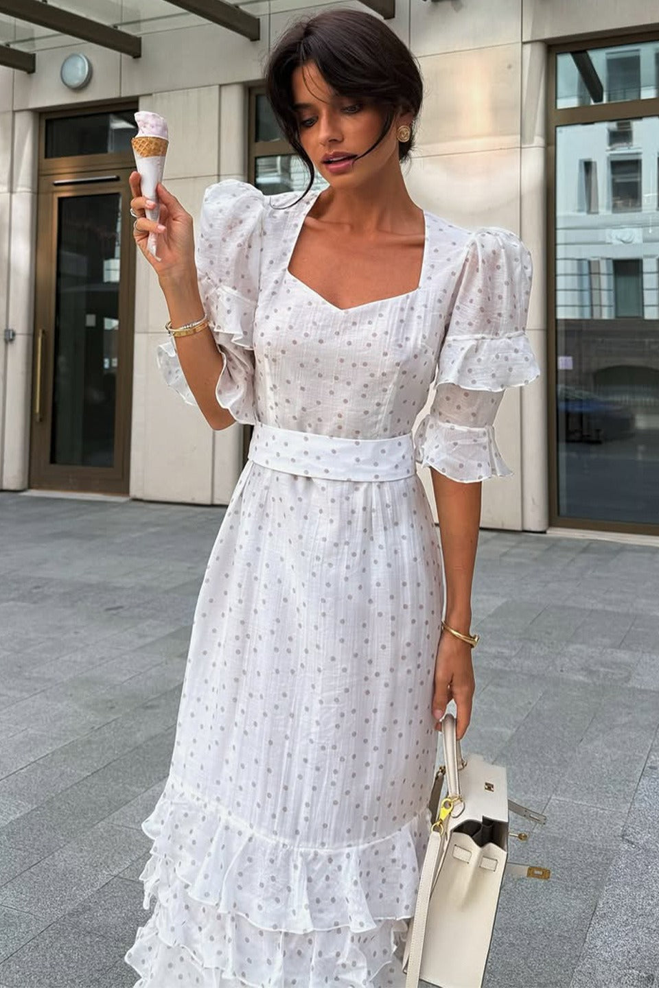 Polka Dot Puff Sleeve Ruffle Cuff Tiered Ruffle Midi Dress
