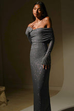 Rhinestone Off Shoulder Long Sleeve Bodycon Midi Dress