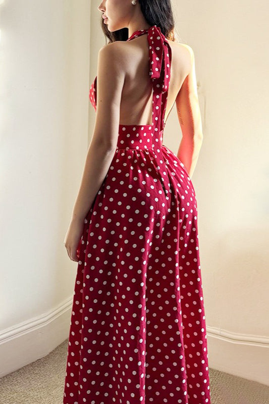 Red Spaghetti Strap V Neck Halter Backless Polka Dot Maxi Dress