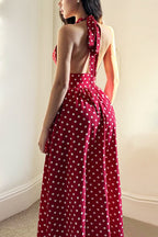 Red Spaghetti Strap V Neck Halter Backless Polka Dot Maxi Dress
