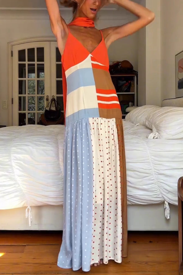 Vibrant Touch Color-blocked Polka Dot Print Slip Pleated Hem Maxi Dress