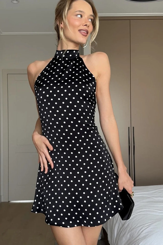 Polka Dot Halter High Neck Sleeveless Bodycon Mini Dress