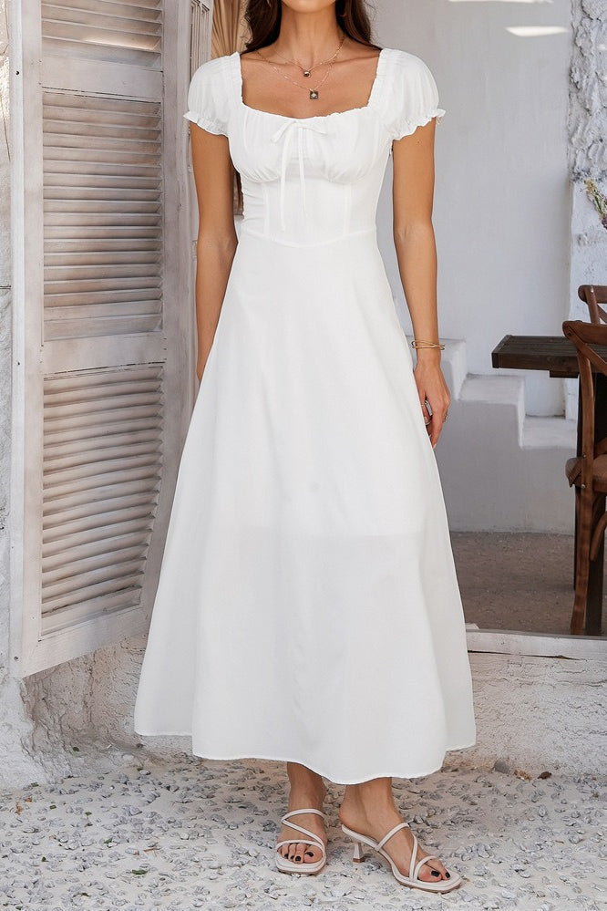 Off Shoulder Puff Sleeve Tie Front Corset Bodice A Line Midi Dress