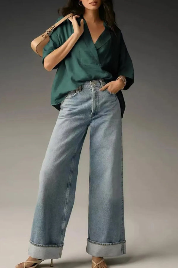 Solid Color Loose Lapel Short-sleeved Casual Shirt