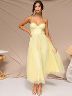 Corset Midi Dress Spaghetti Straps Shirred Lace-up Tulle Skirt Dresses