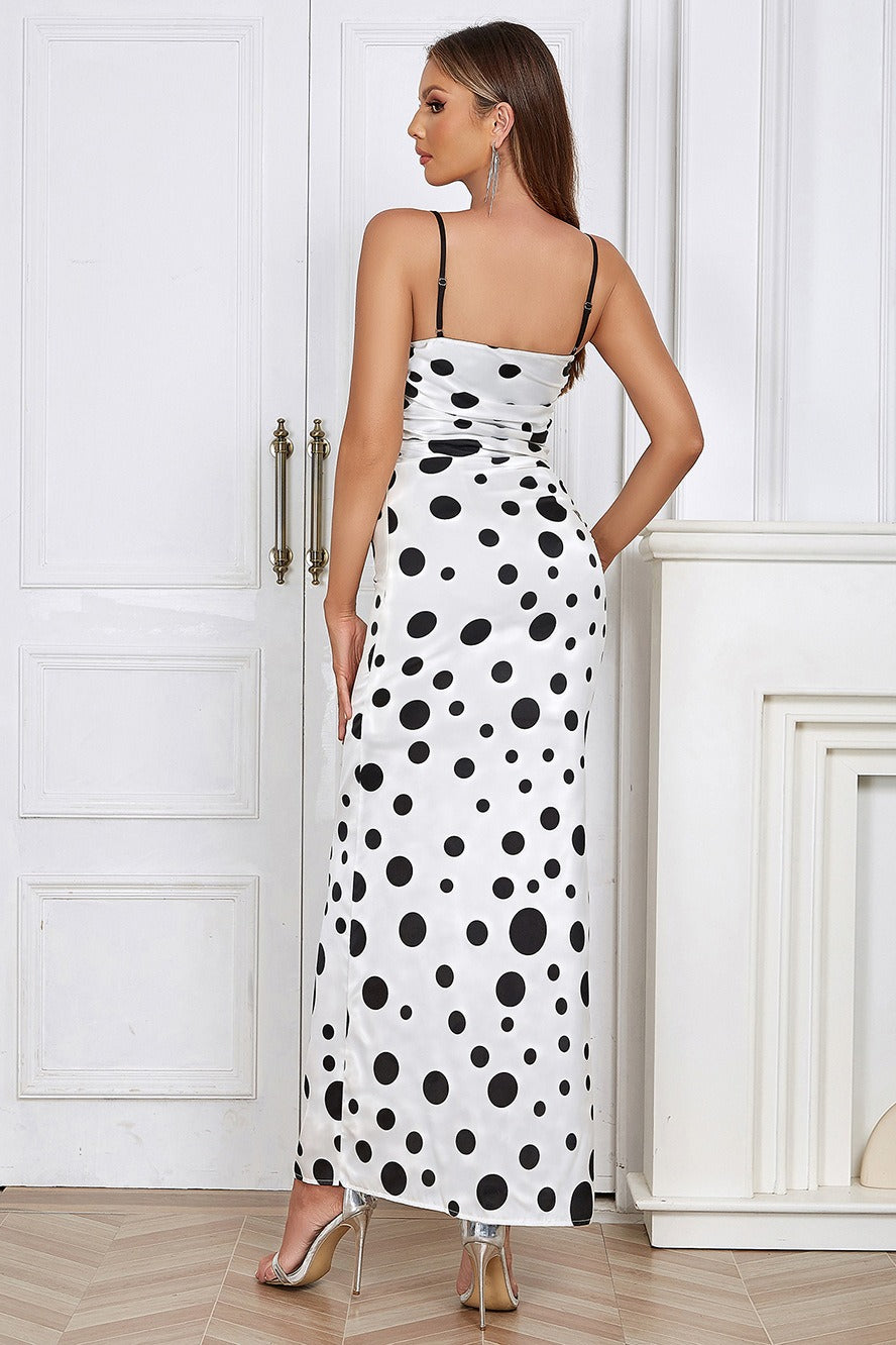 White Polka Dot Pleated Cami Maxi Dress