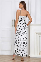 Polka Dot Sweetheart Cowl Neck Ruched Bodycon High Split Maxi Dress