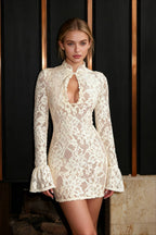 Lace Mock Neck Keyhole Cut Out Bell Sleeve Bodycon Mini Dress