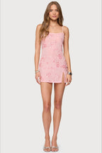 Lettuce Edge Neck Beaded Floral Sequin Side Slit Bodycon Mini Dress