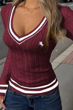 Color Block Striped Deep V Slim Sweater