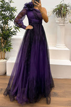 One Shoulder Floral Print Rosette Puff Sleeve Pleated Side Slit Maxi Dress