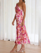 One Shoulder Floral Print Ruched Satin Flared Midi Dress
