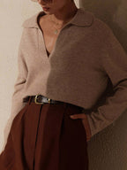 Solid Lapel Neck Knit Sweater