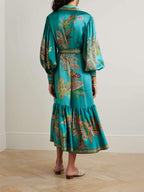 Satin Paisley Print Bishop Sleeve Belted Ruffle Hem Midi Shirt Dress