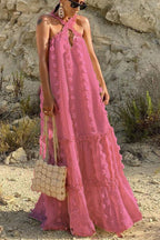 3D Floral Applique Halter Keyhole Tiered Maxi Dress