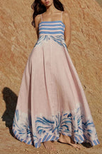 Unique Print Square Neck Spaghetti Strap Back Gathered Maxi Dress