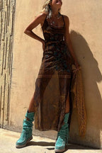 Griselda Exclusive Midi Dress with a Unique Gypsy Style Print, Cowl Neckline At the Back, Lace Up Fastening and Slit Evening Wear Edit