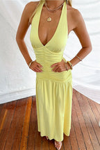 Halter Neck Deep V Ruched Bodice Flowing Maxi Dress