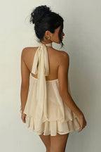 Backless Halter Tie Waist Ruffled Bodycon Mini Dress