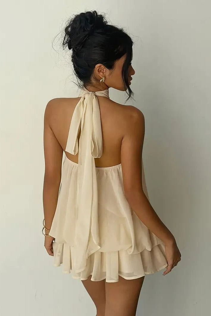 Backless Halter Tie Waist Ruffled Bodycon Mini Dress