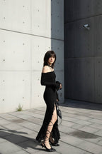 Off Shoulder Long Sleeve Bell Cuff Ruched High Split Ruffle Trim Maxi Dress