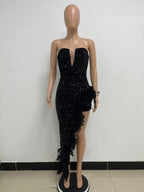 Burgundy Sequin Dresses Strapless Plunge Lace-up Back Feather Birthday Party Dresses