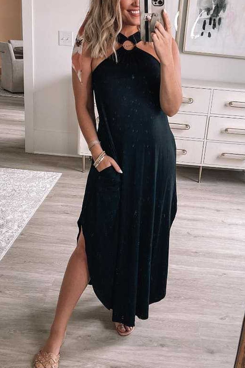 Halter Ring Detail Pocket Sharkbite Hem Jersey Maxi Dress