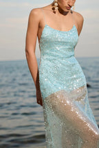 Sequin Spaghetti Strap Backless Low Back Sheer Slip Maxi Dress